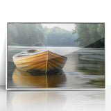 Acrylic print of a rowboat in muted blue and white tones, framed in white, suitable for modern nursery decor.