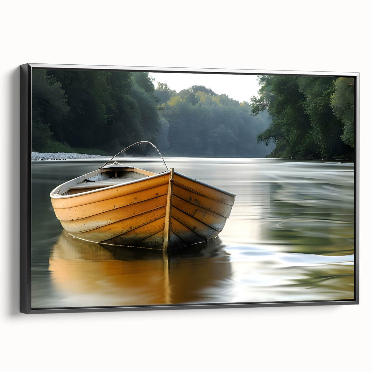 Black and white framed canvas featuring a vintage rowboat landscape, ideal for bedroom wall decor.