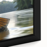 Extra large framed canvas featuring a textured image of a black rowboat with colorful accents, ideal for living room decor.