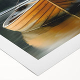 Art deco poster of a rowboat on water, muted blue and gray tones on rolled canvas, suitable for dining room wall art.