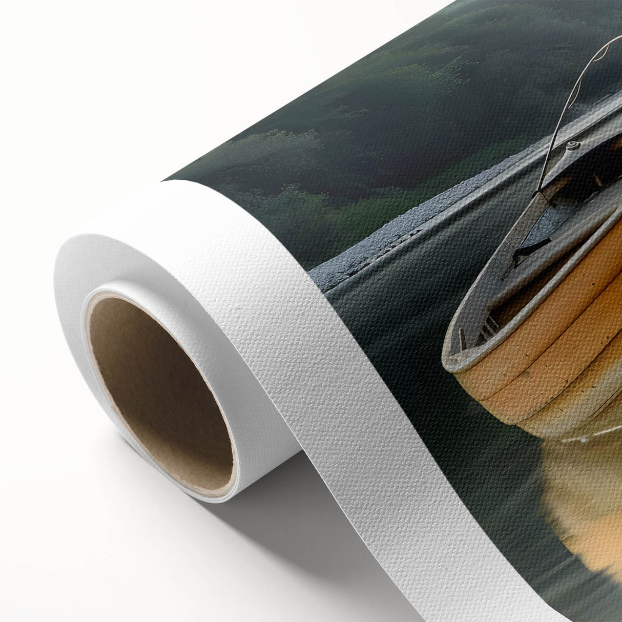 Art deco style poster of a rowboat in muted blue and gray tones on rolled canvas, ideal for nursery wall art.