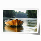 Rowboat on a calm lake, muted blue and gray tones, rolled canvas print, ideal for dining room wall art.