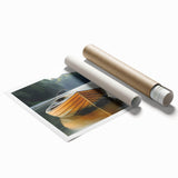 Extra large rolled print of a rowboat on serene water, in muted blue and gray tones, ideal for classy bathroom wall decor.