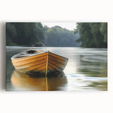 Black and white photograph of a rowboat on a calm lake, printed on large stretched canvas, ideal for kitchen wall art.