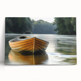 Black and white photo of a rowboat on water, printed on large stretched canvas, ideal for kitchen wall art or bedroom decor.