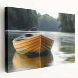 Side view of a rowboat on a stretched canvas, depicted in soft blue and gray tones, ideal for kitchen wall art.