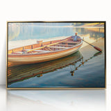 Mid-century modernist art of a rowboat on acrylic, with a gold frame, in muted blue and gray, ideal for nursery wall art.