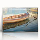 Art deco poster featuring a silver-framed acrylic print of a rowboat, in muted blues and grays.