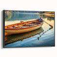 Black and white framed canvas of a vintage rowboat on calm water, ideal for bedroom wall decor.