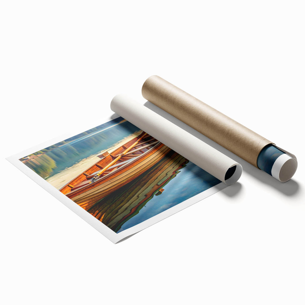 Extra large canvas print of a rowboat on a calm lake, in muted blue and gray tones, suitable for bathroom decor.