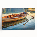Black and white photo of a rowboat on water, printed on large stretched canvas, ideal for kitchen wall art or bedroom decor.