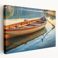 Rowboat on calm water depicted in muted blue and gray tones on a stretched canvas, suitable for kitchen wall art.