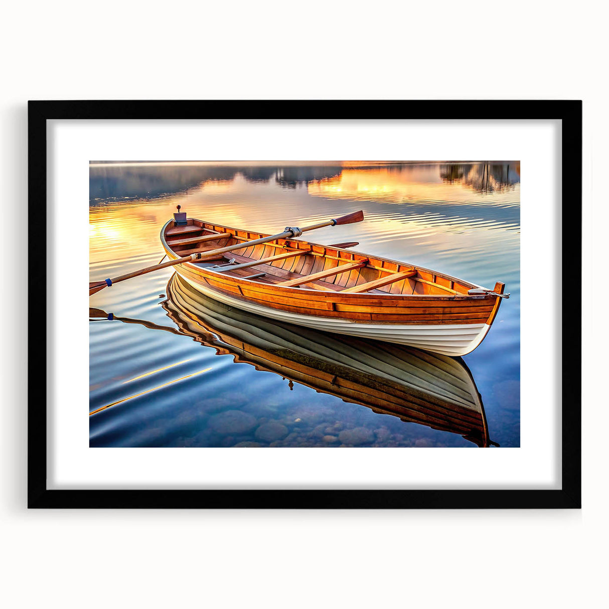 Extra large abstract art print of colorful rowboats, textured finish on black framed canvas, ideal for living room decor.