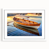 Extra large abstract art print of a rowboat in muted blue and gray tones on a framed canvas, ideal for living room decor.