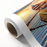 Art Deco style poster of a rowboat on calm waters, in soft blue and gray tones, ideal for nursery wall art.