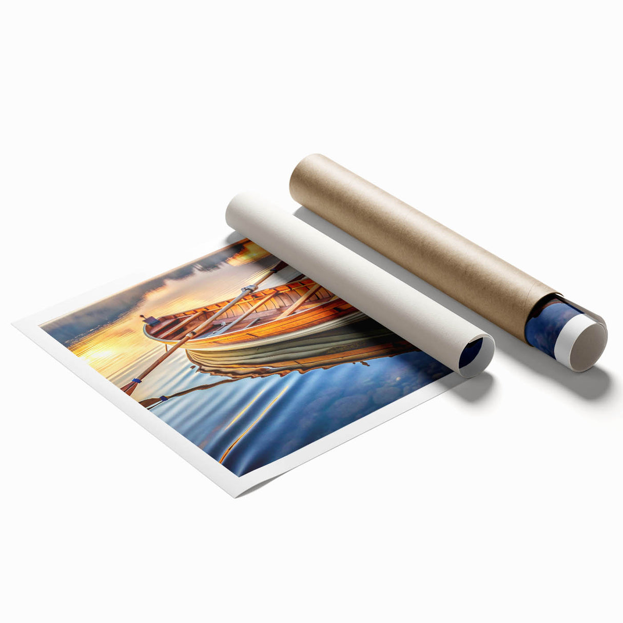 Extra large wall art featuring a rowboat on calm waters, in muted blues and greens, printed on rolled canvas.