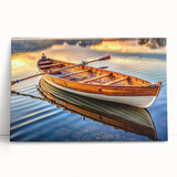 Black and white photo of a rowboat on water, printed on large stretched canvas, ideal for kitchen wall art.