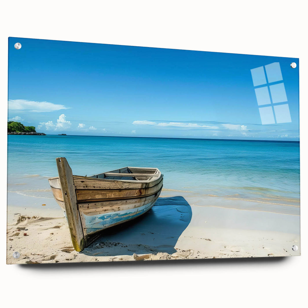 Side view of a rowboat in muted blues and grays on acrylic glass, ideal for dining room decor.