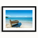 Abstract art print of a colorful rowboat, in vibrant hues on textured canvas, framed in black, ideal for living room decor.