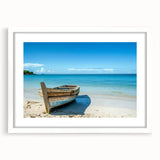 Extra large abstract art print of a rowboat, rendered in textured gray and blue tones on a framed canvas.