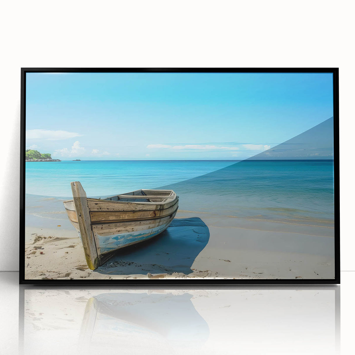 Large abstract wall art of a rowboat, rendered in mid-century modernist style, with a black frame and acrylic print.