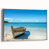 Vintage poster art of a rowboat on a lake, in muted gray and black tones, framed canvas, ideal for living room decor.