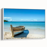 Framed canvas of a vintage rowboat in grayscale, ideal for bedroom wall art.