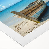 Art deco poster of rowboats in muted blue and gray tones on rolled canvas, suitable for dining room wall art.