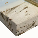 Black and white photo of a rowboat on calm water, printed on large stretched canvas, ideal for bedroom wall art.