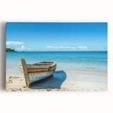Black and white photo of a rowboat on calm water, printed on large stretched canvas, ideal for kitchen wall art.