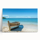 Black and white photo of a rowboat on water, printed on stretched canvas, suitable as kitchen wall art.