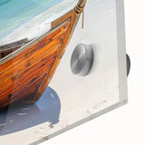 Acrylic print of a mid-century modernist abstract rowboat in muted blue and gray tones, suitable for dining room art.