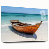 Side view of a rowboat depicted in muted blue and gray tones on large acrylic glass, suitable for bedroom or dining room art.