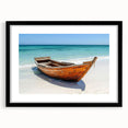 Extra large abstract art print of a colorful rowboat, in a black frame with mat, ideal for living room decor.