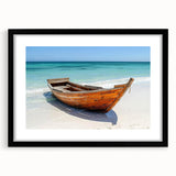 Extra large abstract art print of a colorful rowboat, in a black frame with mat, ideal for living room decor.