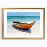 Textured art depicting an abstract rowboat in muted blues and grays on a framed gold mat, suitable for bedroom art.
