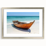 Abstract art print of a rowboat in muted gray and blue tones on a framed canvas, ideal for dining room decor.