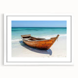 Extra large abstract art print featuring a rowboat, in muted earth tones on a white-framed canvas.