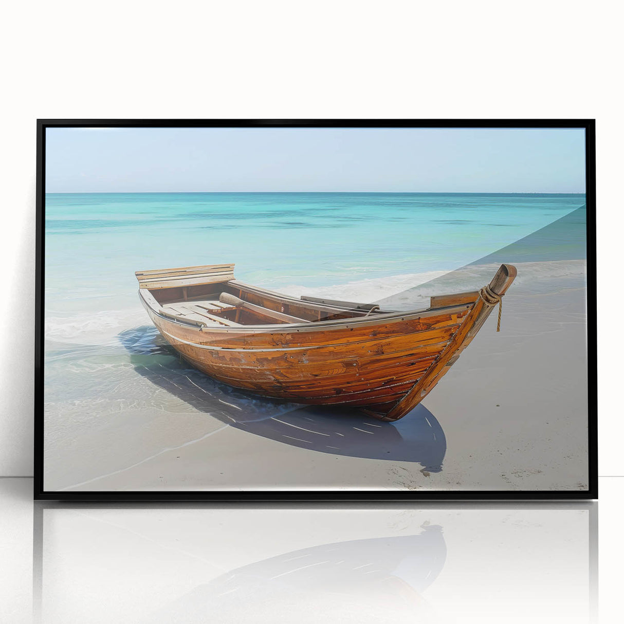 Large abstract wall art of a rowboat in muted gray and blue tones, framed acrylic print, ideal for modern living room decor.
