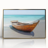 Mid-century modernist art of a rowboat in muted blue tones on a framed acrylic, ideal for nursery wall art.