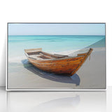 Acrylic print of a mid-century modernist rowboat in soft blue and gray tones, ideal for modern nursery wall decor.