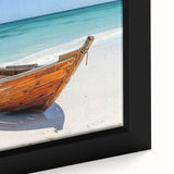 Extra large framed canvas featuring a close-up of a rowboat in black, textured with vibrant, colorful art accents.