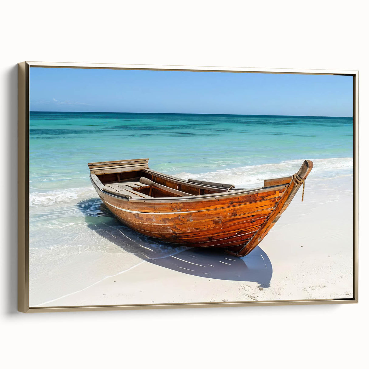 Framed canvas featuring a vintage-style landscape painting of colorful rowboats.