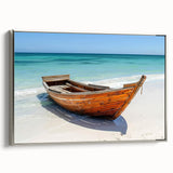 Vintage poster art of a rowboat in muted black and gray tones on a framed canvas, ideal for living room decor.