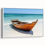 Framed canvas of a vintage rowboat on a calm lake in grayscale tones, ideal for bedroom wall art.