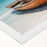 Art deco poster featuring a rowboat in muted blue tones, printed on rolled canvas, suitable for dining room wall art.