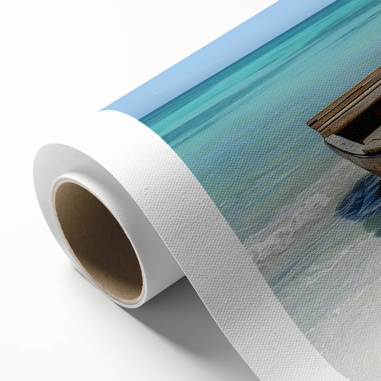 Art deco style poster of a rowboat on calm waters, using soft blue and gray tones on rolled canvas.