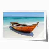 Rolled print of a rowboat on calm waters in muted blue and gray tones, suitable for dining room wall art.