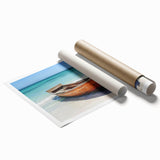 Rolled print of a rowboat on calm water in muted blue and gray tones, ideal for classy bathroom wall decor.