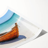 Extra large wall art featuring a rowboat on serene water, in muted earth tones on a rolled canvas.